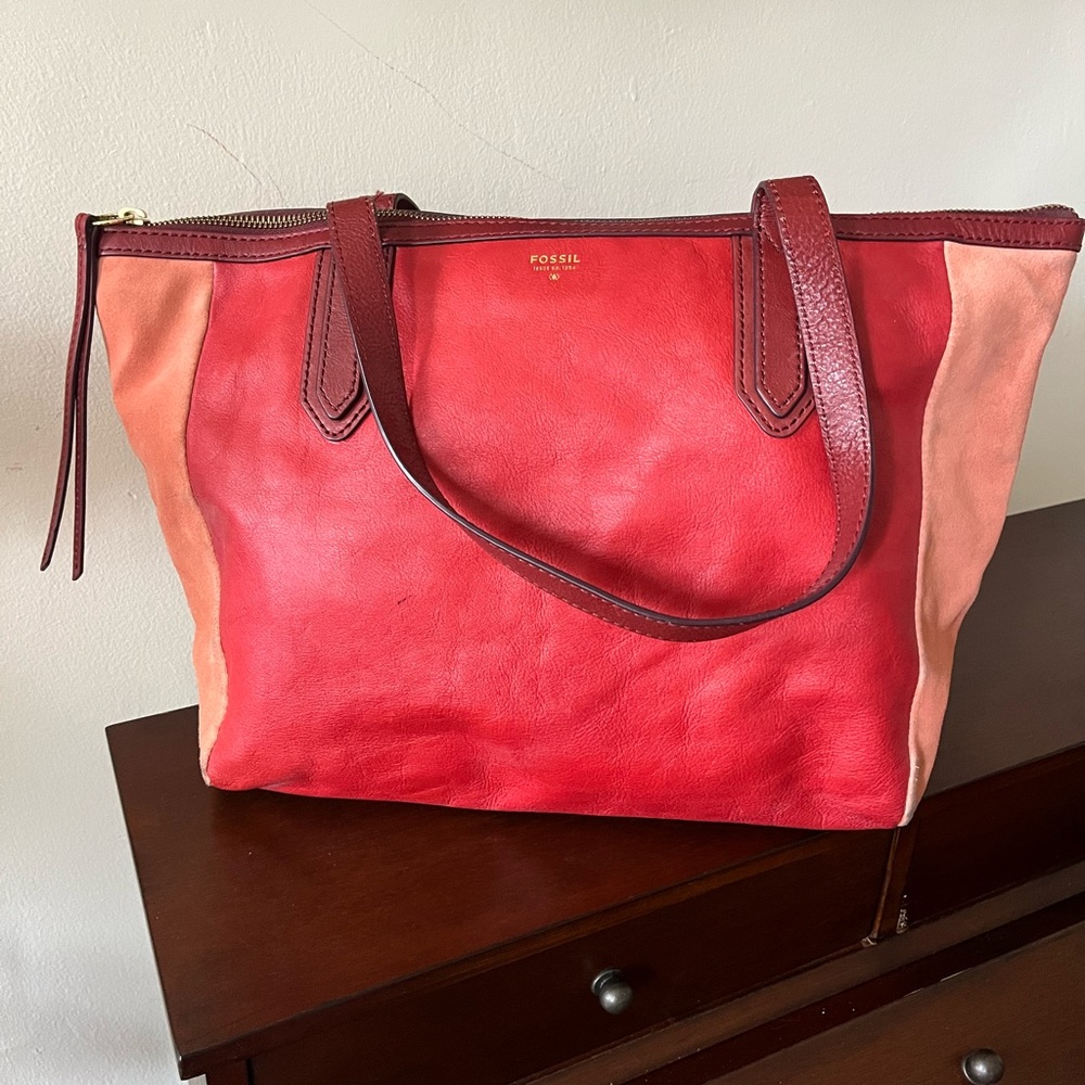 Fossil Two-Tone Red and Pink Tote